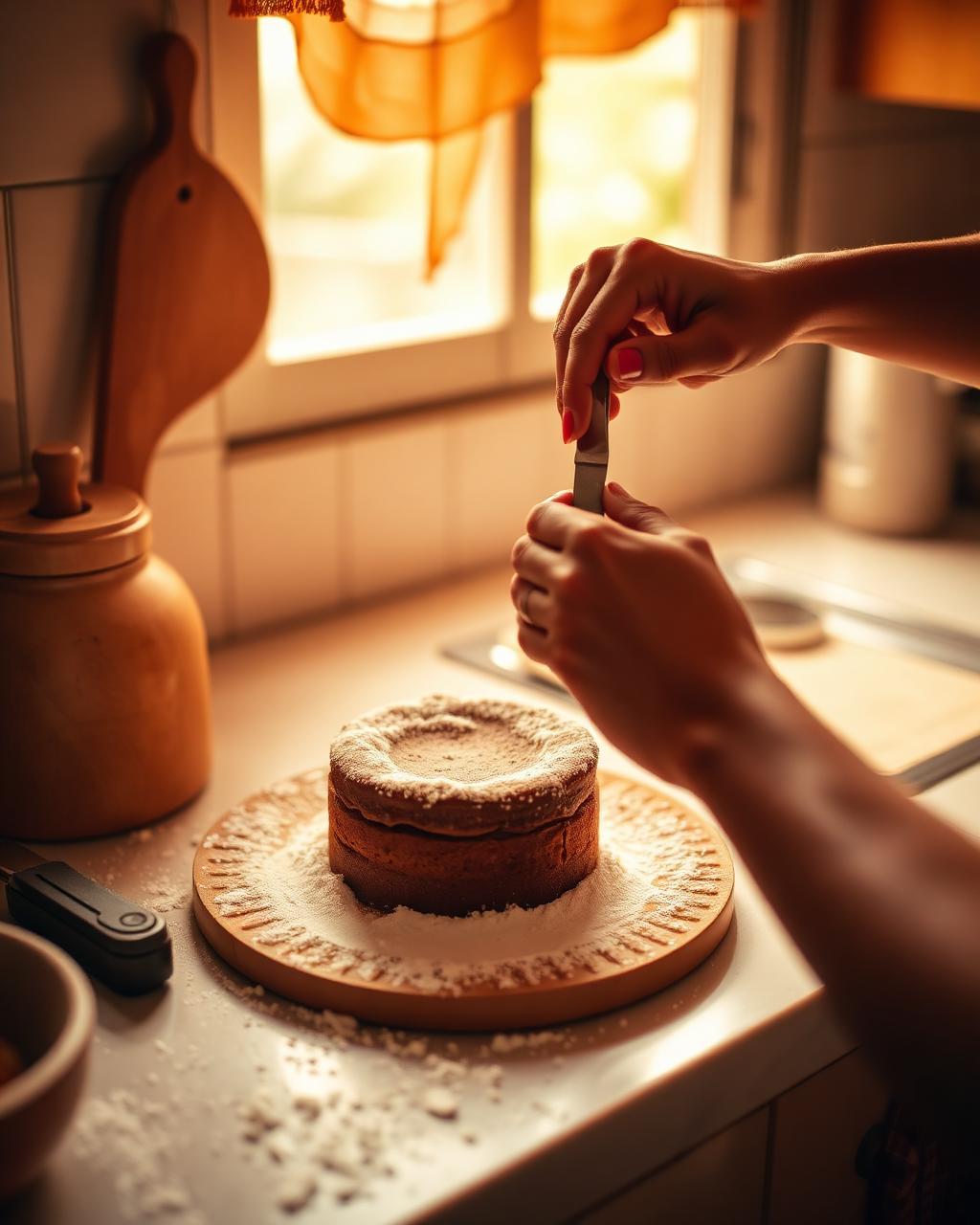 A baker frosting a cake in a warm home kitchen